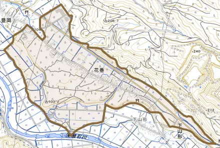 大字花巻とその周辺の地図。町の範囲を重ねている