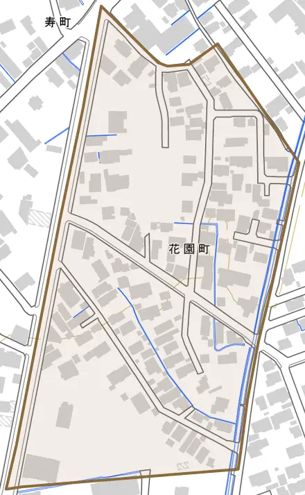 花園町とその周辺の地図。町の範囲を重ねている