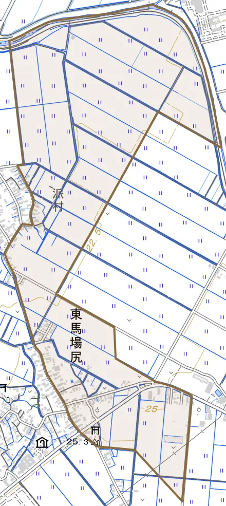 大字東馬場尻とその周辺の地図。町の範囲を重ねている