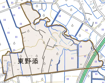 大字東野添とその周辺の地図。町の範囲を重ねている