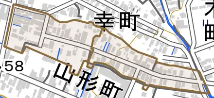 東新町とその周辺の地図。町の範囲を重ねている