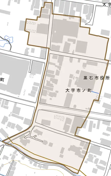 大字市ノ町とその周辺の地図。町の範囲を重ねている