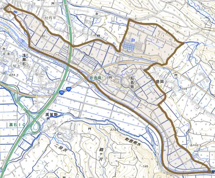 大字石名坂とその周辺の地図。町の範囲を重ねている