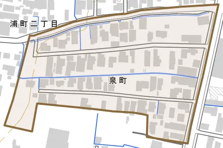 泉町とその周辺の地図。町の範囲を重ねている