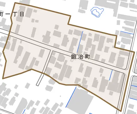 鍛治町とその周辺の地図。町の範囲を重ねている