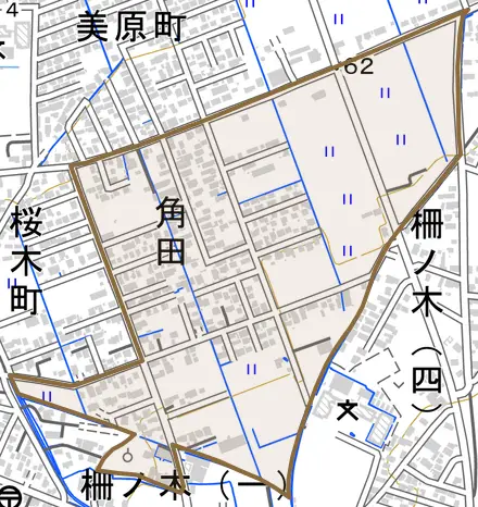 角田とその周辺の地図。町の範囲を重ねている