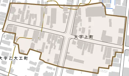 大字上町とその周辺の地図。町の範囲を重ねている