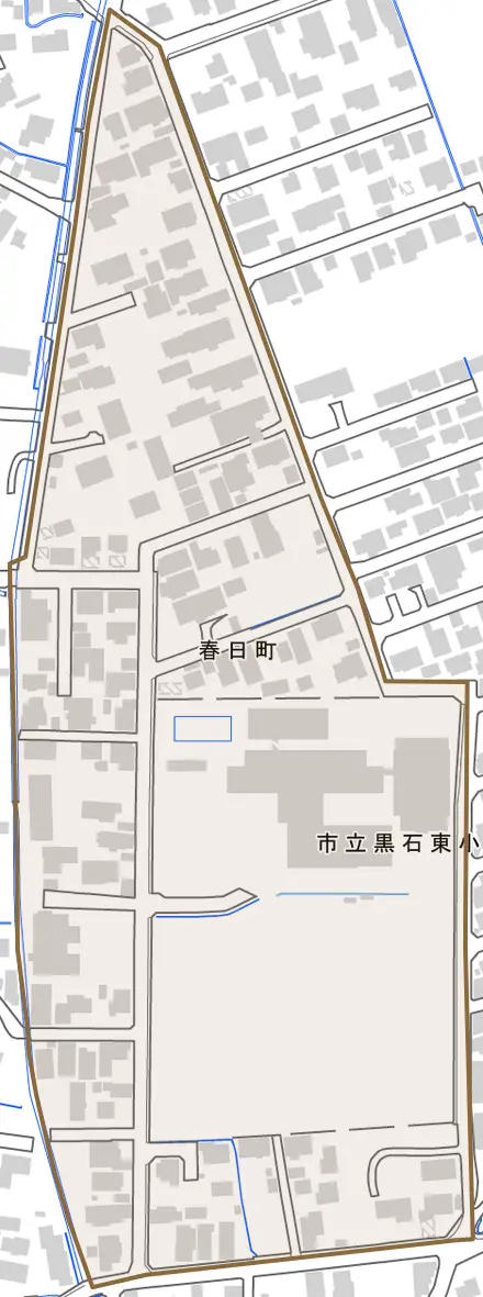 春日町とその周辺の地図。町の範囲を重ねている