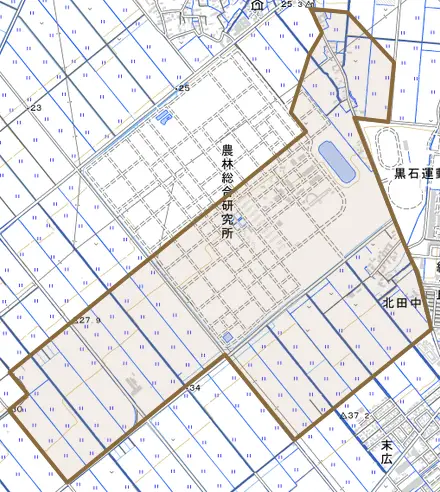 大字北田中とその周辺の地図。町の範囲を重ねている