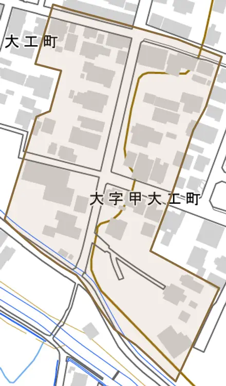 大字甲大工町とその周辺の地図。町の範囲を重ねている