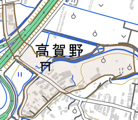 大字高賀野とその周辺の地図。町の範囲を重ねている