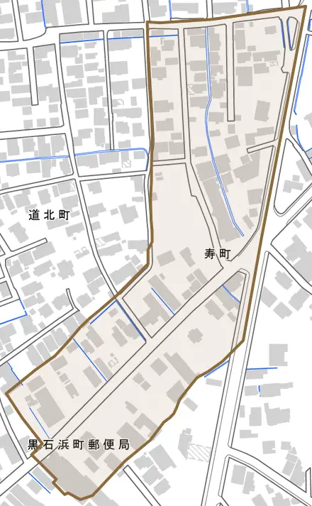 寿町とその周辺の地図。町の範囲を重ねている