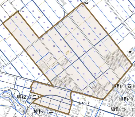 大字黒石とその周辺の地図。町の範囲を重ねている