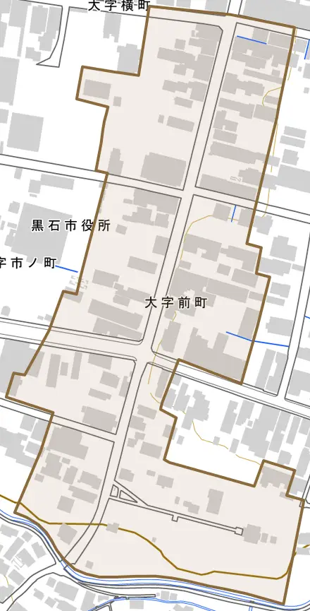 大字前町とその周辺の地図。町の範囲を重ねている