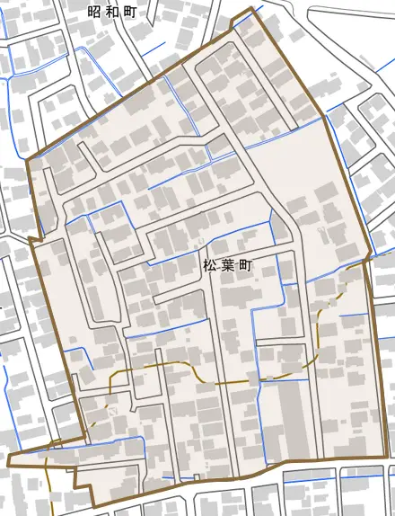 松葉町とその周辺の地図。町の範囲を重ねている
