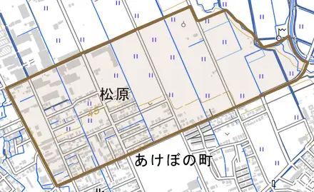 松原とその周辺の地図。町の範囲を重ねている