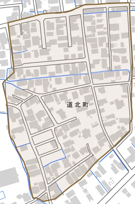 道北町とその周辺の地図。町の範囲を重ねている