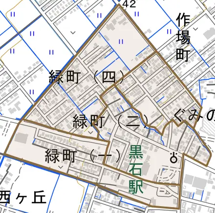 緑町とその周辺の地図。町の範囲を重ねている