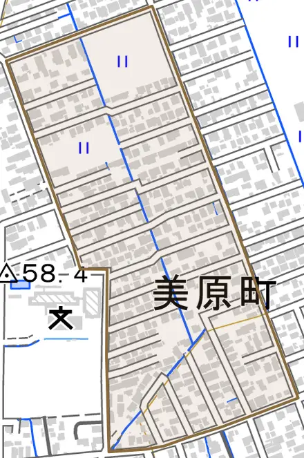 美原町とその周辺の地図。町の範囲を重ねている