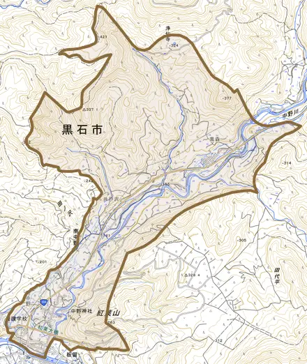 大字南中野とその周辺の地図。町の範囲を重ねている