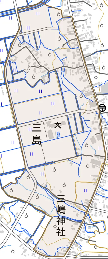 大字三島とその周辺の地図。町の範囲を重ねている