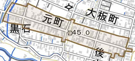 大字元町とその周辺の地図。町の範囲を重ねている