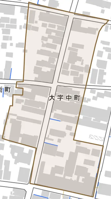 大字中町とその周辺の地図。町の範囲を重ねている