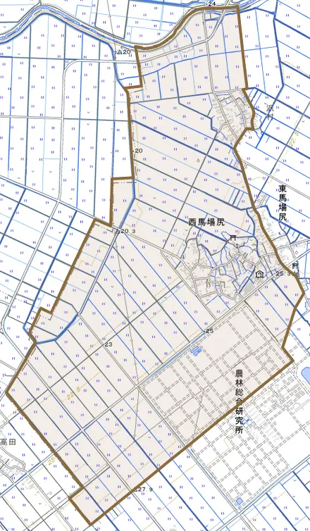 大字西馬場尻とその周辺の地図。町の範囲を重ねている