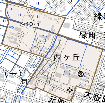 西ケ丘とその周辺の地図。町の範囲を重ねている