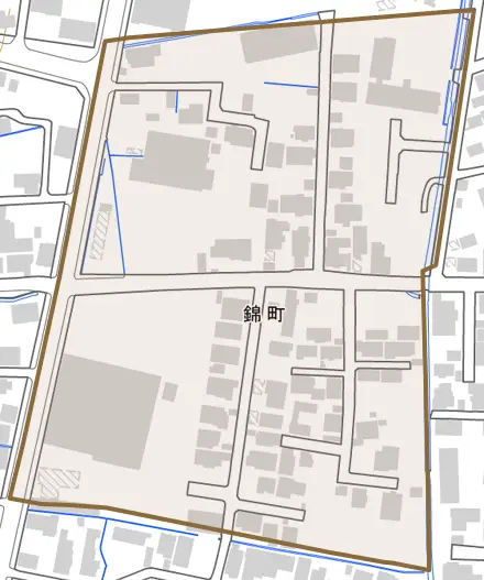 錦町とその周辺の地図。町の範囲を重ねている