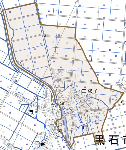 大字二双子とその周辺の地図。町の範囲を重ねている
