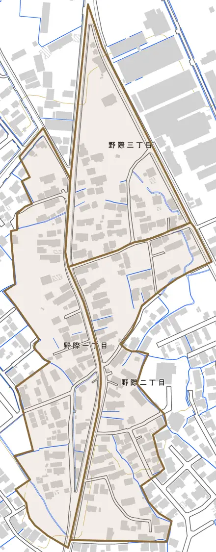 野際とその周辺の地図。町の範囲を重ねている