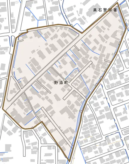 野添町とその周辺の地図。町の範囲を重ねている