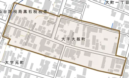 大字大板町とその周辺の地図。町の範囲を重ねている