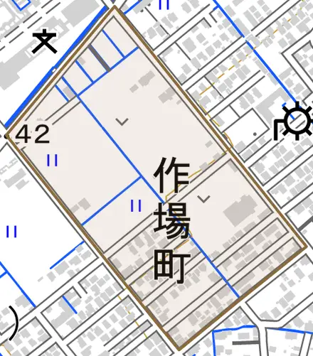 作場町とその周辺の地図。町の範囲を重ねている