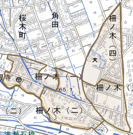 柵ノ木とその周辺の地図。町の範囲を重ねている