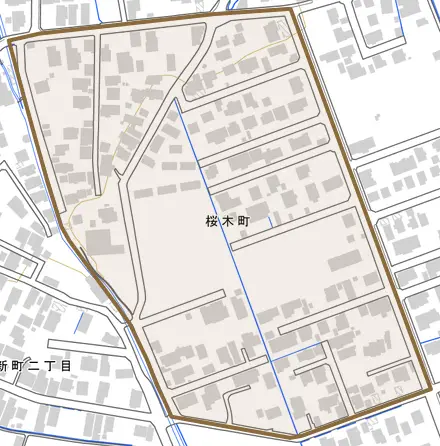 桜木町とその周辺の地図。町の範囲を重ねている