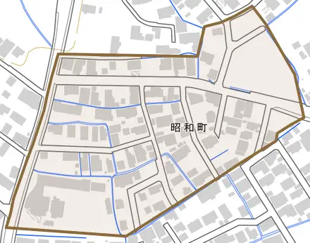 昭和町とその周辺の地図。町の範囲を重ねている