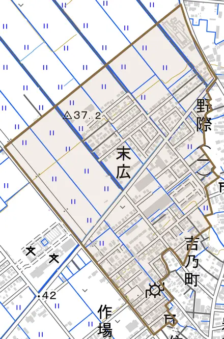 末広とその周辺の地図。町の範囲を重ねている