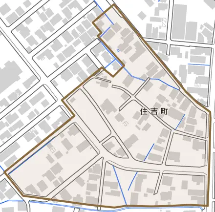 住吉町とその周辺の地図。町の範囲を重ねている