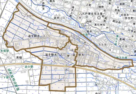 追子野木とその周辺の地図。町の範囲を重ねている
