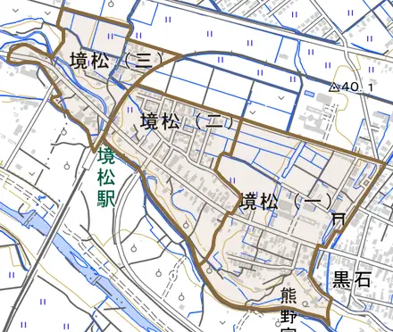 境松とその周辺の地図。町の範囲を重ねている