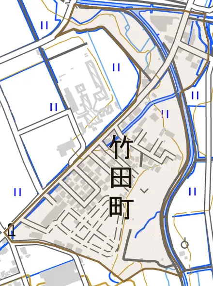 竹田町とその周辺の地図。町の範囲を重ねている
