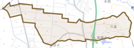 大字竹鼻とその周辺の地図。町の範囲を重ねている