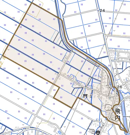 大字飛内とその周辺の地図。町の範囲を重ねている