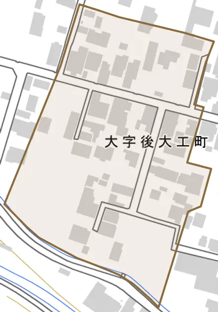 大字後大工町とその周辺の地図。町の範囲を重ねている