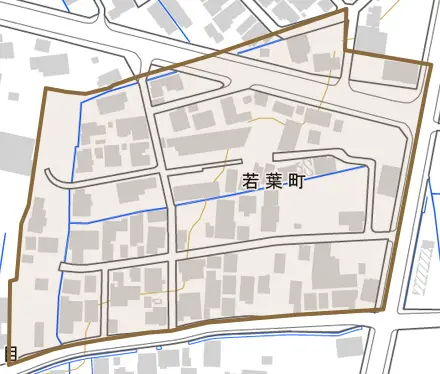 若葉町とその周辺の地図。町の範囲を重ねている