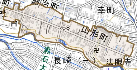大字山形町とその周辺の地図。町の範囲を重ねている