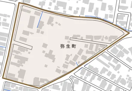 弥生町とその周辺の地図。町の範囲を重ねている