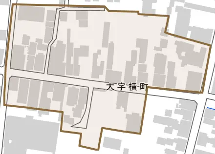 大字横町とその周辺の地図。町の範囲を重ねている